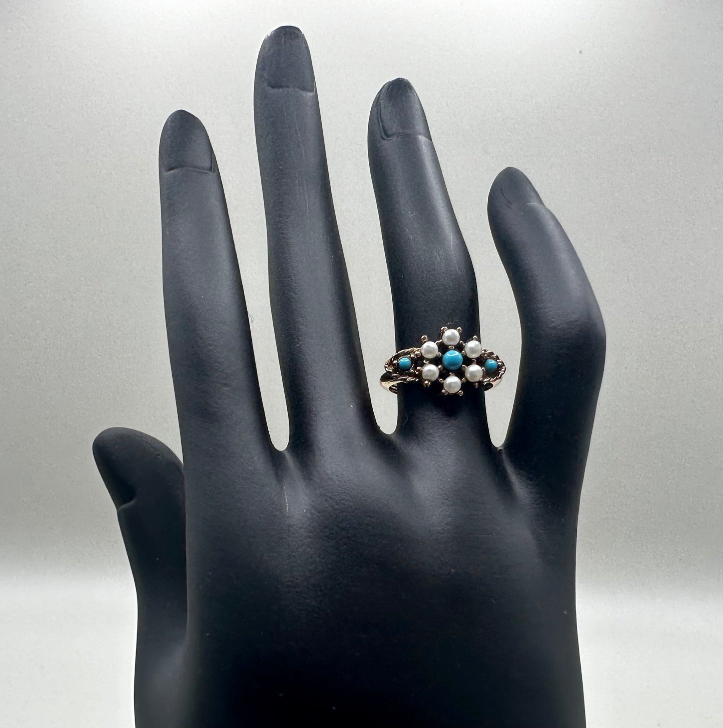 White Blue Beaded 1980s Ring