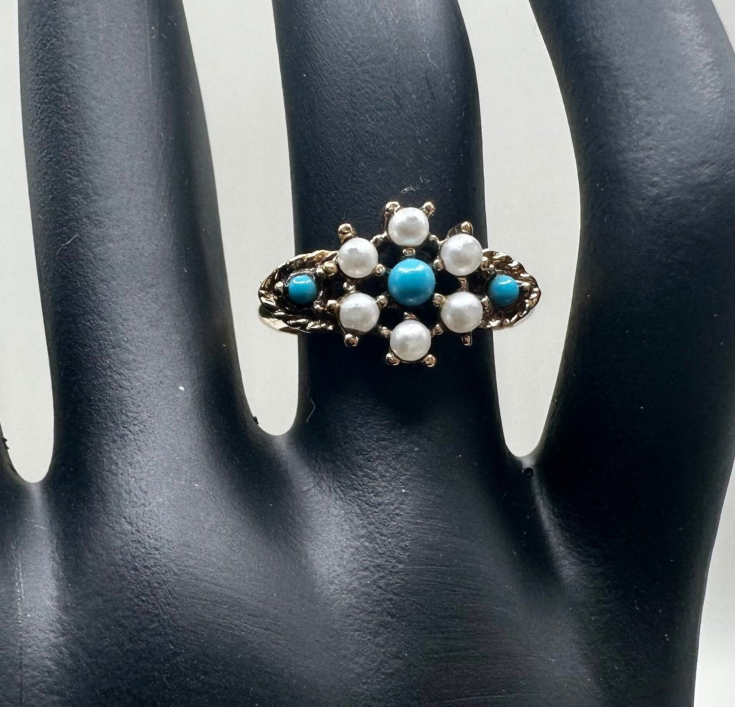 White Blue Beaded 1980s Ring