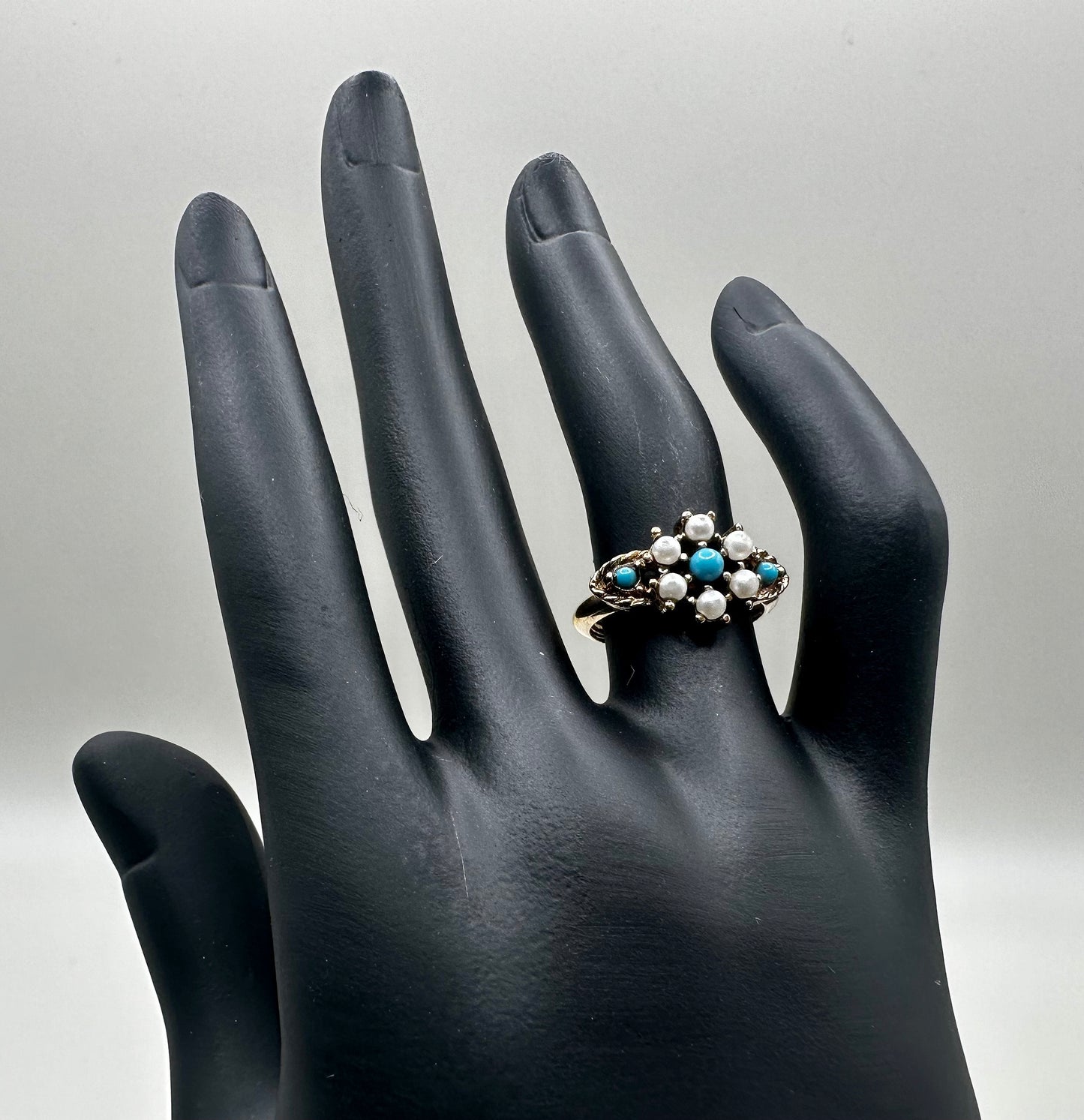 White Blue Beaded 1980s Ring