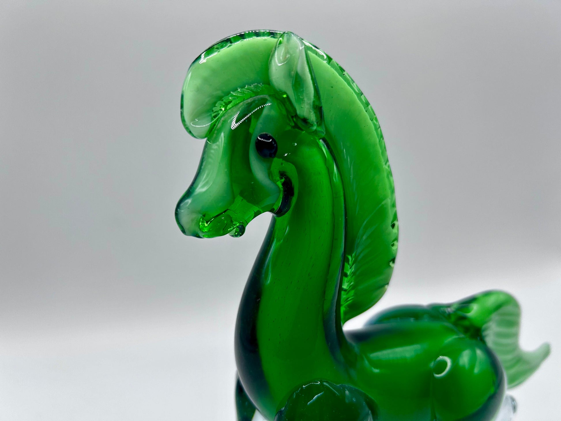 Horse Green Vintage Glass and Clear Statue Murano Style 7”
