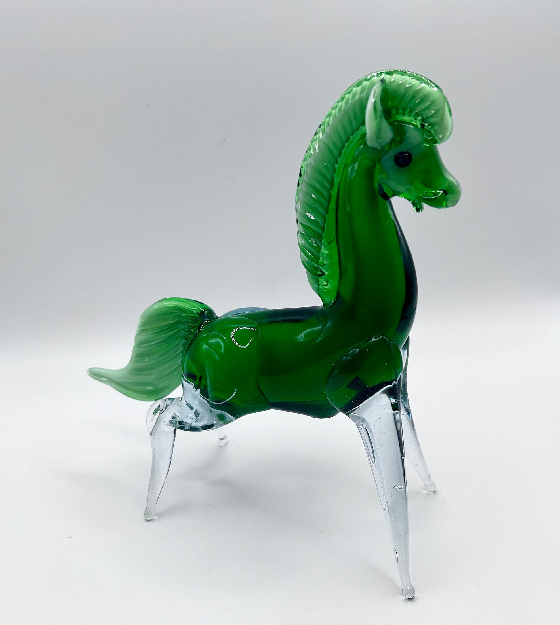 Horse Green Vintage Glass and Clear Statue Murano Style 7”